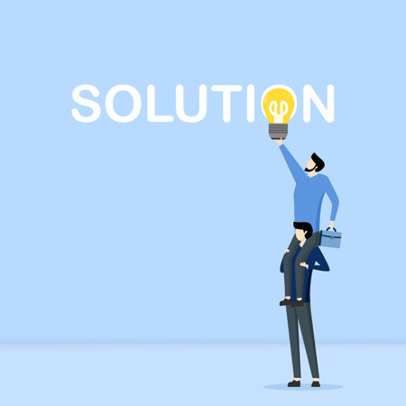 Cooperation and teamwork concept, Group of business professionals reach shining light bulb, Solution concept, workaround and problem solving.のイラスト素材