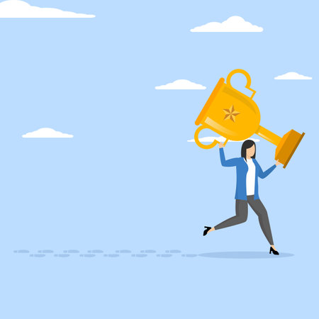 Motivational concept for learning how successful people achieve target, Traces of success, winning entrepreneur, successful businesswoman carrying big trophy walking leaving trailのイラスト素材