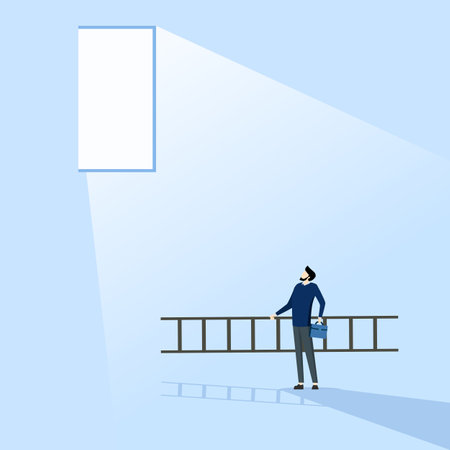 Business Concept hope to solve crisis problem, plan and strategy to achieve achievement, ladder of success concept, businessman holding ladder see hope plan to climb and escapeのイラスト素材
