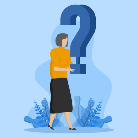Concept In business question, doubt, problem solving or idea and creativity to answer and survive uncertainty concept, businesswoman holding big question mark and thinking.のイラスト素材