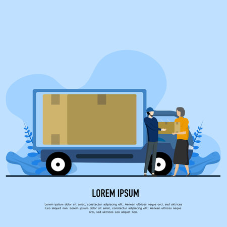 Online delivery service concept, online order tracking, home and office delivery. Warehouse, truck, delivery service application. Male courier in uniform holding a box.のイラスト素材