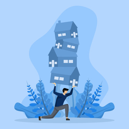 Risk concept in housing investment, property mortgage loan uncertainty and interest rates, real estate, buying too many houses, trying businessman to balance the unstable pileのイラスト素材