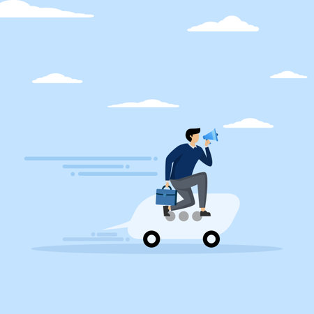 Quick Communication concept, business soft skills to communicate with team or customer, businessman driving fast speech bubble holding megaphone to tell, story telling with properのイラスト素材