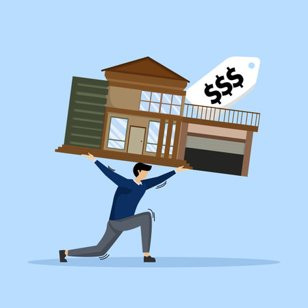 Concept of overpaying in real estate and home mortgage, too much investment or spending to repay debts and loans in economic crisis concept, trying depressed man carrying houseのイラスト素材