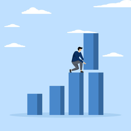 Concept Increase investment profit, GDP increase or growing business performance concept, successful businessman standing on a bar graph piling a large amount of profit over a barのイラスト素材