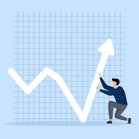 Leadership to lead business growth in market downturn, businessman investor pushing arrows and graphs to bounce back, skills of businessman or investor to manage more profit concepのイラスト素材