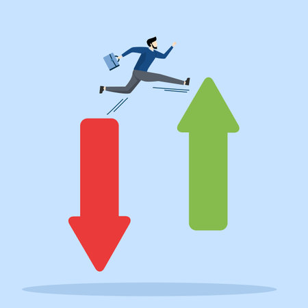 Financial Plan concept, saving and investment or stock market rebound and economic recovery concept, businessman investor confidence jumping from red arrow pointing to green.のイラスト素材