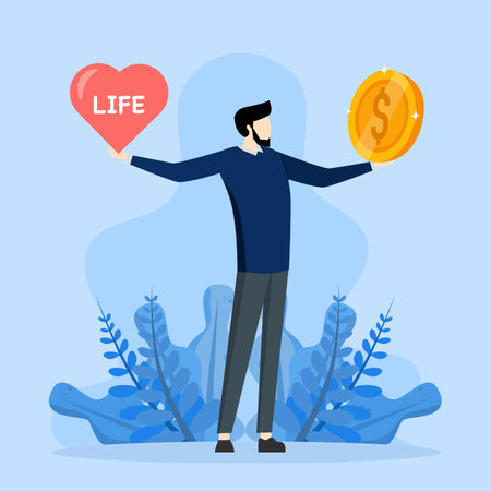 Work life balance concept, choosing between spending time with family and self or working hard to earn money, businessman with big coin with verbs shaped like heart and life.のイラスト素材