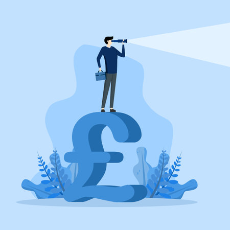UK economic investment opportunity, UK, economic vision after Brexit deal, discover financial gain concept, businessman looking through telescope to see future vision.のイラスト素材