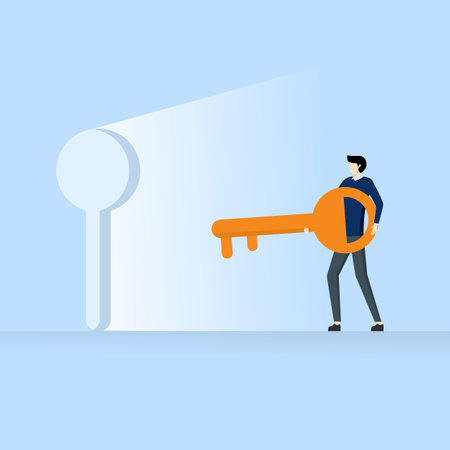 Key to success concept, secret open door to develop business, opportunity for career path or goal achievement concept, confident businessman holding golden keyのイラスト素材