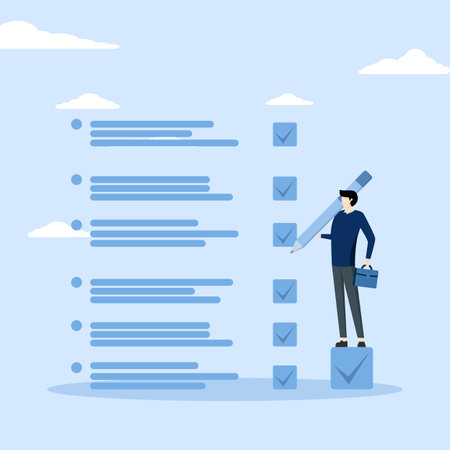 Concept of Getting things done, completing task or business achievement, completing checklist, project achievement or progress, businessman completing his task with check mark.のイラスト素材