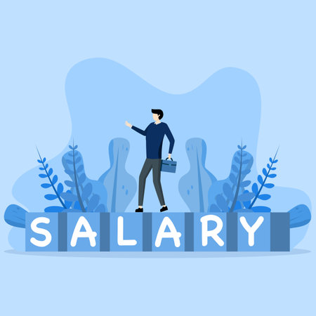 concept of office salary or bank deposit employee working businessman, office man walking on word cube block building Salary on blue yellow background, Salary man.のイラスト素材
