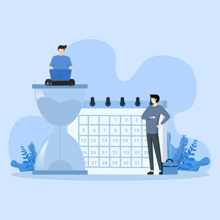 complete tasks on time, Deadline concept, Employee working to complete deadlines, Work on schedule, Time, calendar and hourglass, Vector illustration.のイラスト素材