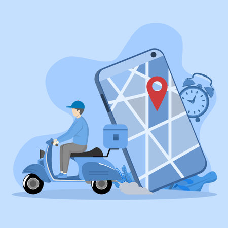 Online transportation concept, Fast delivery with online smartphone ordering service, Courier rides scooter to home, Delivery service track website background landing pageのイラスト素材