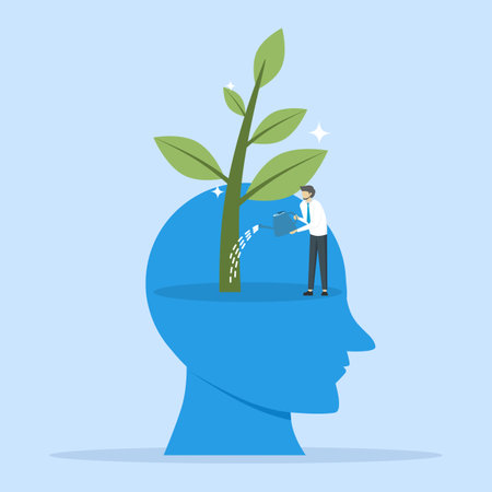 Growth mindset, training to believe in success, motivation or coaching, growing attitude concept, personal development or improvement, man watering plant seeds growing from headのイラスト素材