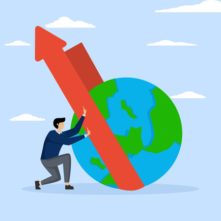 business growing, world economy improving or improving, elegant businessman worker with globe planet and up arrow, vector illustration design.のイラスト素材