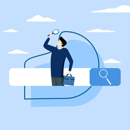 search engine optimization, find information, Search, discover or research, SEO, new job or explore website concept, businessman with magnifying glass find new website from searchのイラスト素材