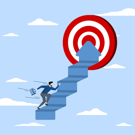 achievement or growth, challenge and motivation for success concept, Achieving target or progress to achieve goals, career steps to success, businessman climbing ladder with arrowsのイラスト素材