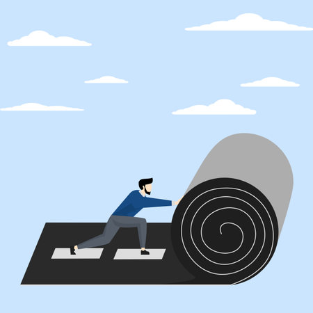 Concept Develop career path, create success path, start new path to achieve target or plan ahead entrepreneur with their own path concept, confident entrepreneur rolls road carpetのイラスト素材