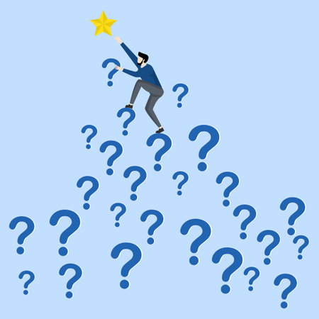 looking for a way out of a problem, a question to reach a goal,Businessman climbs a question mark to reach a star, Solve a problem to reach a goal, flat vector illustrationのイラスト素材