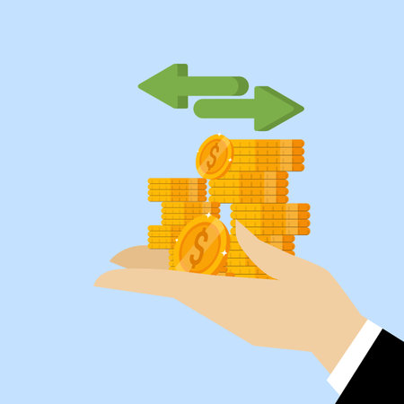 Concept of Financial transfer, send money, instant payment, financial services, fast cash, businessman hand holding coins to make money transaction.のイラスト素材