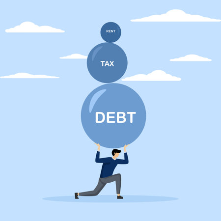 company burden concept, Businessman carrying many big stones with word debt, tax, loan on it, Heavy Burden concept, flat vector illustrationのイラスト素材