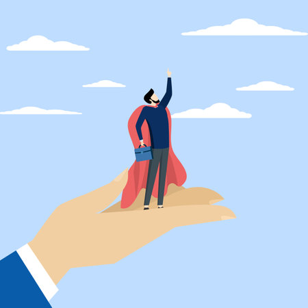 help to succeed in job, help new career opportunities, Support or encourage or promote to be a leader, leadership or business growth concept, businessman super hero beliefのイラスト素材