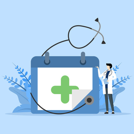define medical checkup schedule, health care policy, medical service, annual checkup, pharmaceutical medicine,male doctor standing next to calendar, flat vector illustrationのイラスト素材