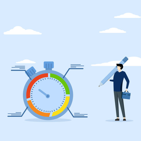 evaluating efficiency or project resource planning concept, Time tracking or time management system to manage project or productivity, businessman standing with stop watch timerのイラスト素材