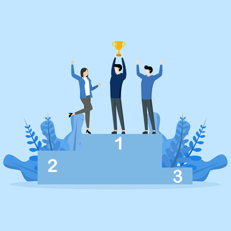 Team success concept win together, group winner or team win concept, team work or collaboration to achieve common goal, businessman and businessman colleagues holding win trophyのイラスト素材