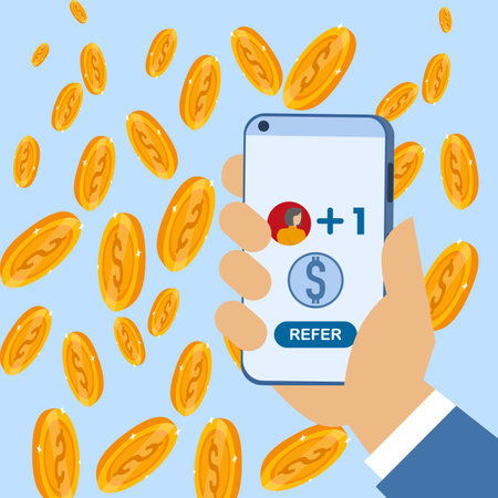 Referral marketing concept, inviting friends to refer friends loyalty program, affiliate marketing. Hand holding smartphone, win money prize online, vector illustrationのイラスト素材
