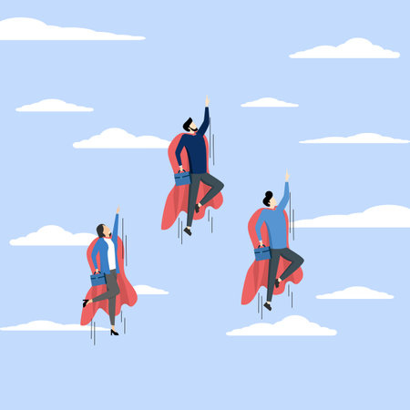 teamwork or union, professional people to help business success, strength or team support concept, superpowers to develop business fast, business team members superhero flying highのイラスト素材