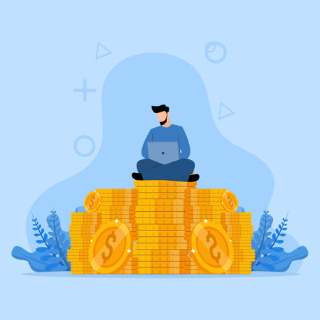 businessman sitting on a pile of coins to analyze investment, Set goals to make money and profit, Financial investment analysis Success in earning, flat vector illustration design.のイラスト素材