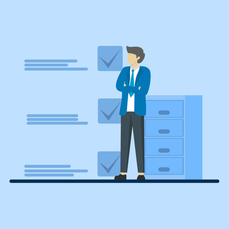 concept of completing a task or job,Businessman making the right choice, Checkbox, Correct answer, Businessman, Selection, flat vector illustration.のイラスト素材