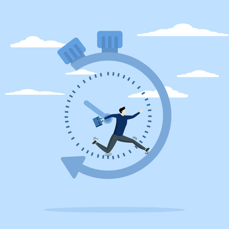 deadline concept, clock speed, Fast delivery icon, on time service, moving stopwatch, flat icon, Businessman running in stopwatch, flat vector illustration.のイラスト素材