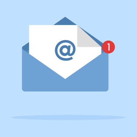 Inbox icon concept, Open Envelope with Letter Inside, Blue Folded Envelope Icon, Mail icon with shadow on blue background, simple design style.のイラスト素材