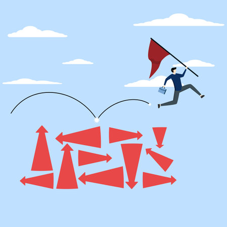 Concept of decision making or determination to achieve success, Overcoming uncertainty, businessman jumping arrows at random uncertainty, difficulty or courage to solve problems.のイラスト素材