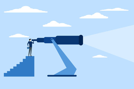 Concept of looking for opportunity, forecast and visionary, finding long term goal concept, business strategy for distant future, businessman looking through big telescope to seeのイラスト素材