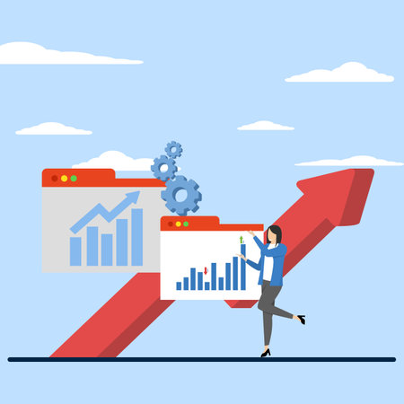 accounting and money concept, character managing finance. Finance management concept, Woman calculating and analyzing personal or company budget, financial income, planning budget.のイラスト素材