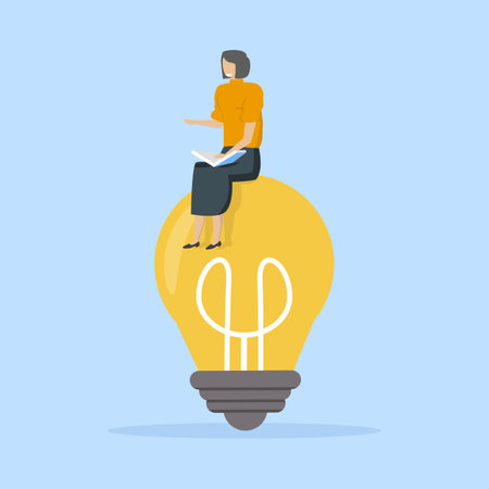 Concept of looking for new ideas. Businesswoman sitting by light bulb and reading book. Education or creative idea concept, vector illustrationのイラスト素材