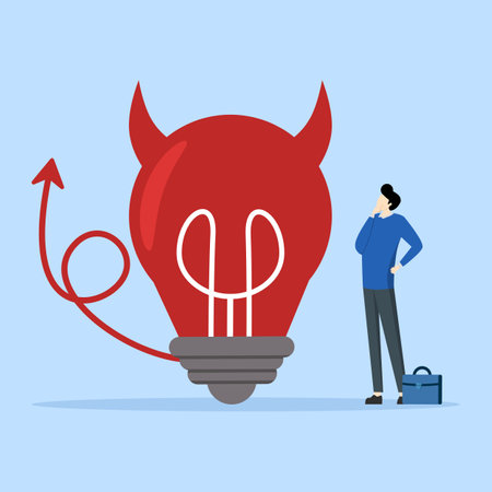 evil and negative opinion concept, confused businessman looking at devil light bulb doubting this bad idea. Bad ideas lead to problems and failures, bad ideas, the disappointmentのイラスト素材