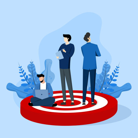 Focus group member concept, People standing on target. customer views or opinions, market research participants, public surveys for marketing strategies. Flat vector illustrationのイラスト素材