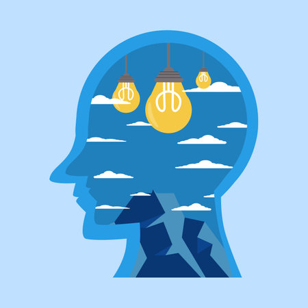 Concept Creative thinking, creativity development, design solutions, smart people, inspiration and motivation, positive mindset, flat vector illustration.のイラスト素材
