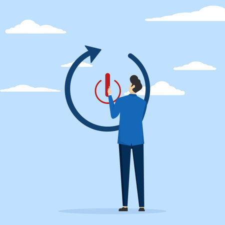 Concept of rebooting business or career, businessman carefully reaching his finger to press reboot or restart button, refreshing work energy or restarting new journey.のイラスト素材