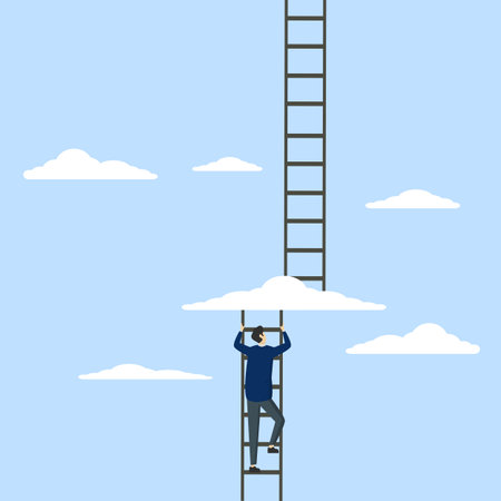 Concept of Going to the next level, entrepreneur climbing ladder to cloud level to reach next level, career development or business improvement achieve better quality, growth.のイラスト素材