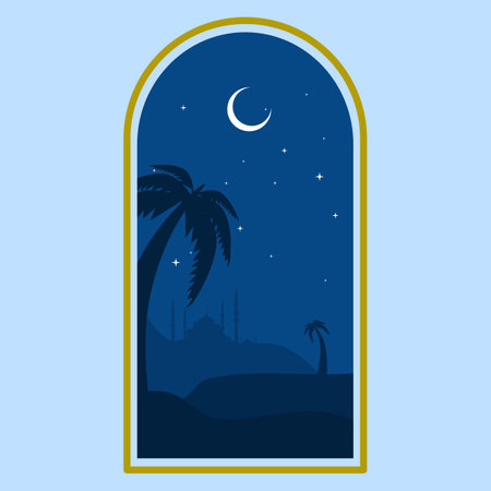 Ramadan Kareem illustration with mosque silhouette and starlight and moon, Background Business Label, Invitation Template, social media, etc. ramadan kareem themedのイラスト素材