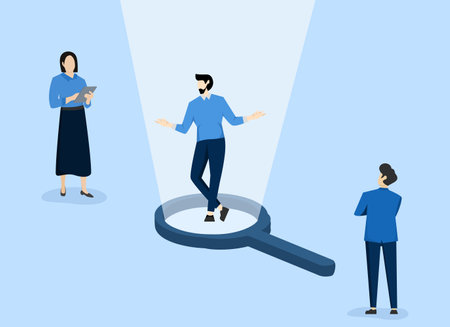 Selected Candidate concept, outstanding businessman in magnifying glass among applicants, winning applicants for new job, HR or human resources, recruiting outstanding candidate.のイラスト素材