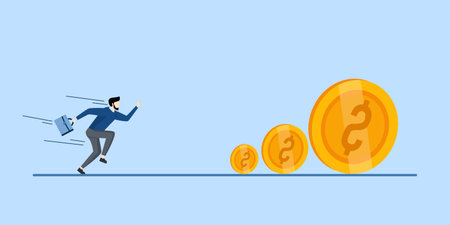Concept of Pursuit of profit. Business vector illustration. Greedy businessman runs to take trail of money coins. Run money. Dollars run in tubes.のイラスト素材