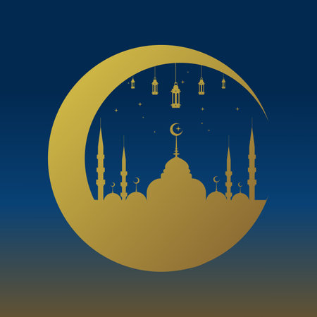 Ramadan Kareem illustration, ramadan themed illustration design with mosque, stars and moon. Background Business Label, banner, social media, etc. ramadan kareem themed flat vectorのイラスト素材