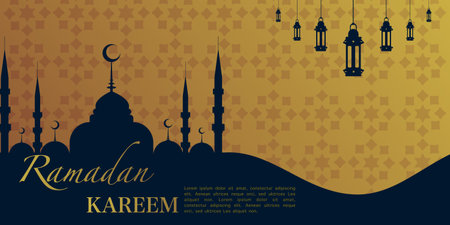 Ramadan Kareem illustration, Ramadan themed illustration design with mosque, stars, moon and lantern. Background Business Label, banner, social media, etc. ramadan kareemのイラスト素材
